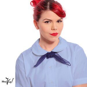 Blue Peter Pan Collar Short Sleeve Blouse Button Up Poly Cotton Adult Size Large